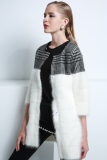 2014冬女士羊绒貂绒拼接中长款大衣毛呢外套七分袖黑白包邮