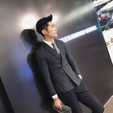 韩国新款绅士风双排扣修身麻料休闲小西服 男 韩版青年西装外套
