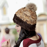 高档皮草帽獭兔毛毛线帽子秋冬季天女时尚编织貂毛球加厚保暖帽子