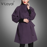 V·Loyal秋冬新款双面羊绒大衣女装欧美系带毛呢外套中长款