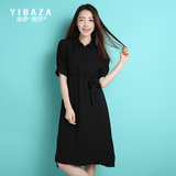 衬衣领雪纺连衣裙 2016韩版黑色宽松显瘦不规格单排扣开叉衬衫裙
