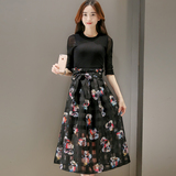 夏季女士韩版圆领七分袖套头上衣+印花高腰裙子两件套