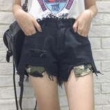 韩版2016夏季女装新款高腰破洞牛仔短裤女夏毛边显瘦迷彩热裤女潮