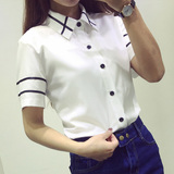 2016夏装新款女装韩范学院风气质显瘦海军条纹短袖衬衫防晒衣T恤