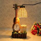 创意木质台灯木制吉它提琴乐器带时钟笔筒卧室床头装饰工艺灯摆件