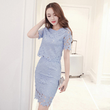 夏季韩版新款气质勾花蕾丝连衣裙两件套显瘦时尚修身包臀裙套装女
