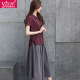 Yi－xn两件套棉麻短袖连衣裙2016夏季女新款大码文艺复古亚麻套裙