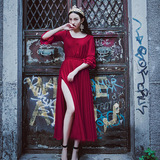 2015新款夏装欧洲站复古连衣裙红色九分袖性感开叉连衣裙长裙新品
