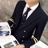 韩版修身海军风男士小西装秋新款夜店发型师中长款外套西服单西潮