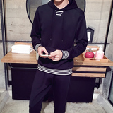 2016春季新品男士运动套装青少年卫衣男撞色条纹韩版套头连帽卫衣