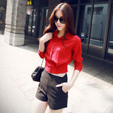韩国代购2016夏装新款女装潮收腰衬衫夏季红色衬衣长袖上衣雪纺衫