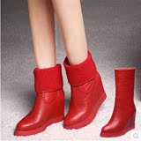 秋冬马丁真皮靴厚底坡跟高跟内增高纯皮红米白色女靴中筒短靴单靴