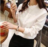 2015新款韩版时尚冬春女装花边立领长袖衬衫纯棉加绒保暖打底白色
