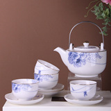 高端中式茶具古时候中国风牡丹花图案简单手拎茶壶金边带碟子4人