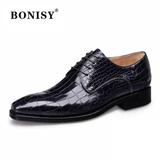 BONISY波尼仕高端商务男鞋牛皮固特异手工鳄鱼纹压花高档皮鞋
