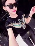 2016年夏季韩版修身卡通珠片亮片重工艺女式潮流老鹰短袖T恤