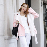 2015冬季女装新款加厚羊羔毛外套韩版时尚粉色短款机车棉衣棉服潮