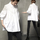 2016春夏韩版新款时尚宽松大码蕾丝长袖衬衫拼接全棉灯笼袖衬衣女