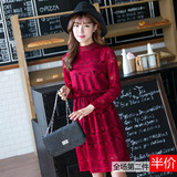 2016女装秋冬韩版修身酒红色镂空长袖蕾丝中长款打底女蕾丝连衣裙