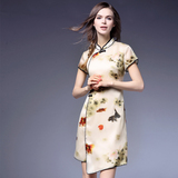 2016春夏新款时尚女装复古中式不对称旗袍式真丝印花短袖连衣裙