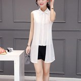 2016夏季新款韩版女装休闲百搭薄款开衫中长款无袖假两件纯色衬衣