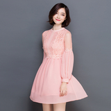 新款春夏款长袖粉色蕾丝连衣裙修身气质收腰中长款雪纺裙子