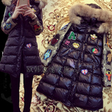 冬季民族风刺绣羽绒棉服卡通亮片棉衣女中长款大毛领加厚保暖外套