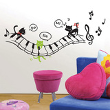 淘气猫五线谱音符钢琴键盘墙贴儿童房幼儿园音乐教室布置贴画墙画