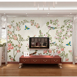 中式墙纸客厅电视背景墙纸 茶馆酒店餐厅壁纸 手绘花鸟图大型壁画