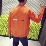 韩版男士休闲刺绣修身夹克男式春季学生潮流字母印花薄外套男橘色
