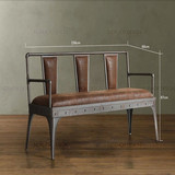 美式做旧软皮沙发铁艺实木长椅咖啡椅休闲椅子复古双人椅