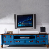 地中海客厅深蓝色电视柜带抽屉可储物展示柜美式乡村实木家具组合
