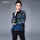 OIBEE2016秋季女装新款宽松长袖真丝雪纺上衣时尚印花衬衫女