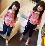 2016春装女童红白细格子衬衫中大童娃娃领衬衣儿童韩版长袖上衣潮