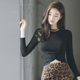 衬衫长袖2016春装打底衫新款女装韩版修身高腰一字领短款性感上衣