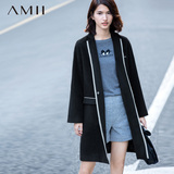 Amii女装旗舰店艾米春装新款撞色织带拼接翻领大码西装毛呢外套