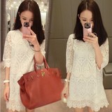 韩国代购2016春装新款女装白色学生蕾丝连衣裙夏季直筒宽松中裙子