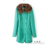MF冬装专柜正品女装绿色菱格双排扣毛领通勤外套保暖棉衣 02407