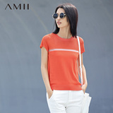 Amii2016春装新款 夏装修身圆领镂空短袖大码艾米女装旗舰店T恤