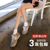 韩国夏季纯棉短款堆堆袜日系复古糖果色松口卷边纯色女中筒薄袜子