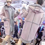 欧洲站2015新款女装冬季中长鹿皮绒外套羊羔毛大衣连帽直筒棉衣女