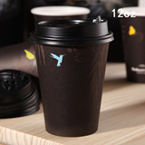 12安一次性加厚纸杯奶茶纸杯咖啡杯热饮杯黑色小鸟100只含盖