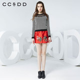 CCDD2016春装专柜正品新款女玻璃纱拼接黑白点毛衣通勤百搭针织衫