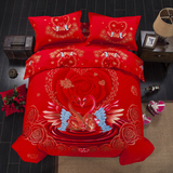 婚庆四件套结婚床上用品大红色玫瑰花古典被套全棉双人床单天鹅图