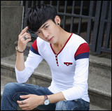 男士长袖T恤 秋季青少年V领纯棉休闲打底衫简约流行韩版男装体恤