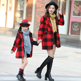 亲子母女装2015秋冬新款女童韩版中长款格子呢子大衣修身毛呢外套