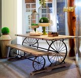 美式复古实木餐桌椅组合铁艺长方形咖啡厅酒吧桌椅简约现代8175
