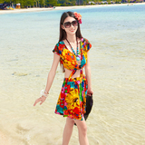 艺术印花女士连衣裙套装海边度假短裙波西米亚海滩裙短款沙滩裙子