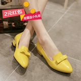 2015夏秋季小尖头女单鞋平底鞋纯浅黄色蝴蝶结浅口淑女低跟皮鞋子
