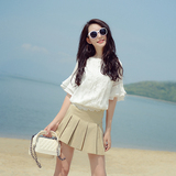 谜秀2016夏季新款韩版圆领修身纯色镂空上衣女白色短袖蕾丝衫短款